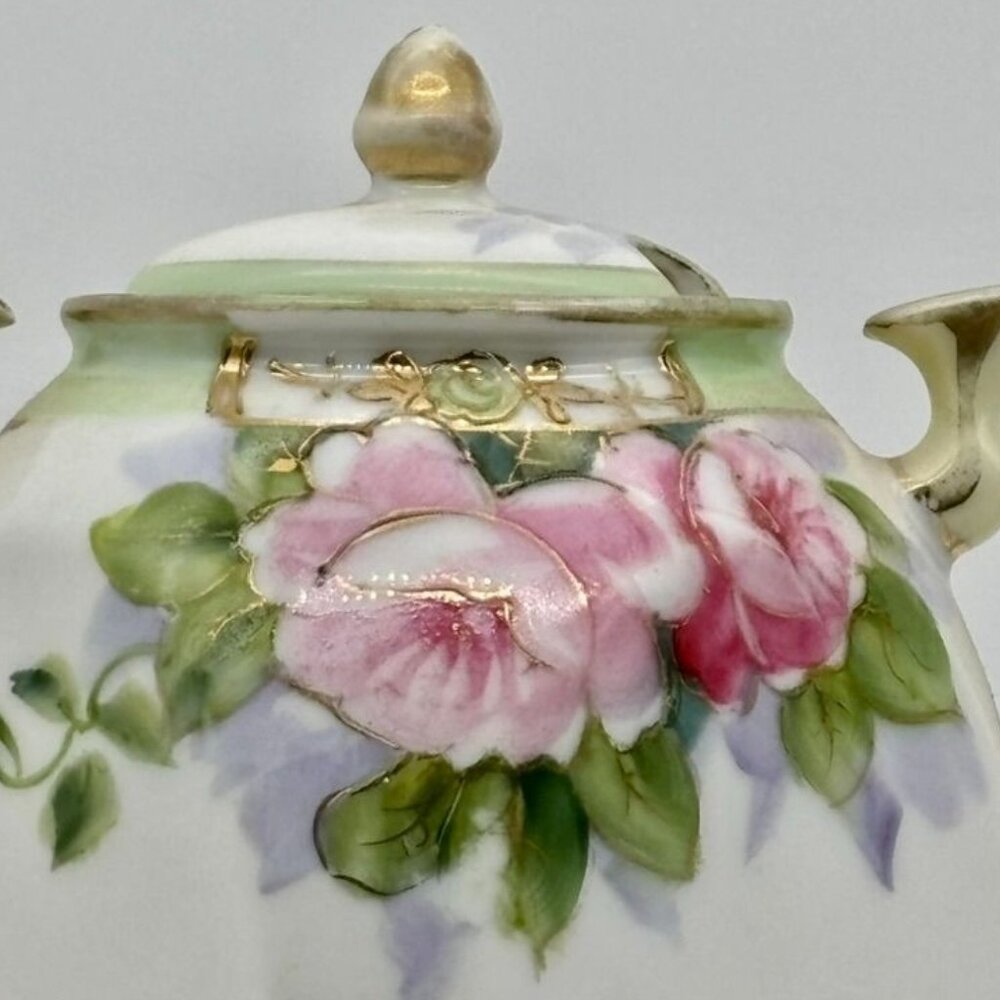 Antique Nippon Hand Painted Double-Handled Small Sugar Bowl With Lid Pink Roses~ - Picture 3 of 14